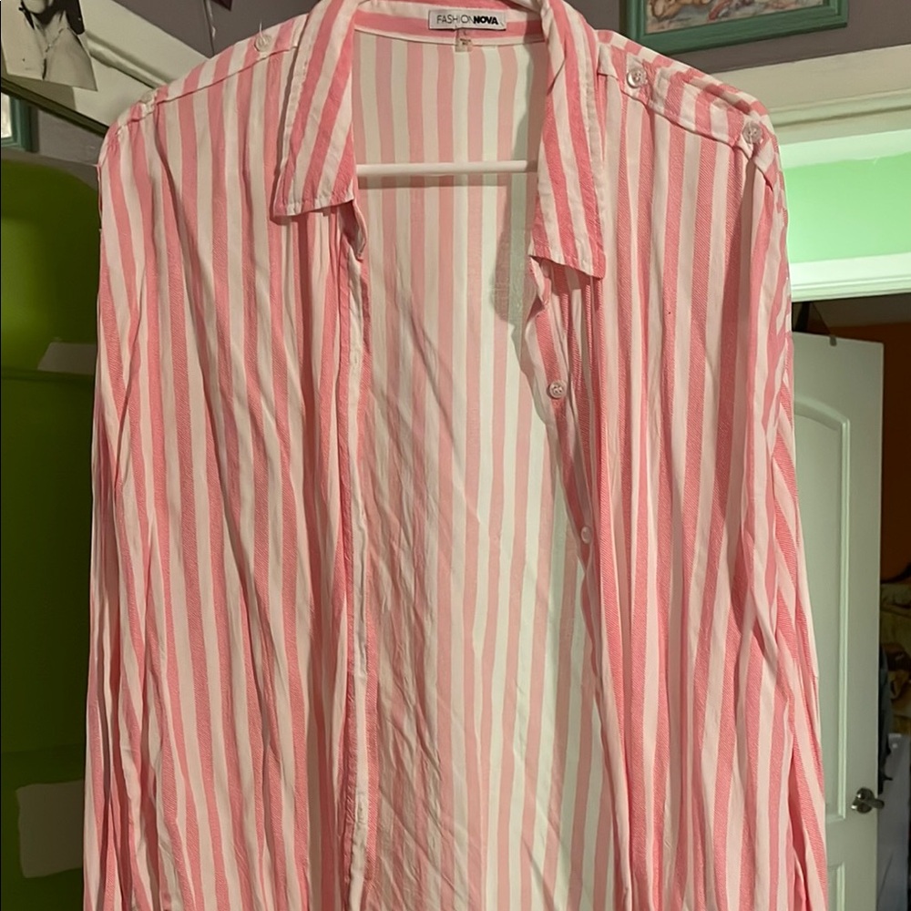 Fashion Nova Pink and White Striped Shirt